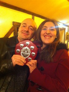 Joe Gurney (l) receives the Adrian Pembroke Memorial Shield from Gemma