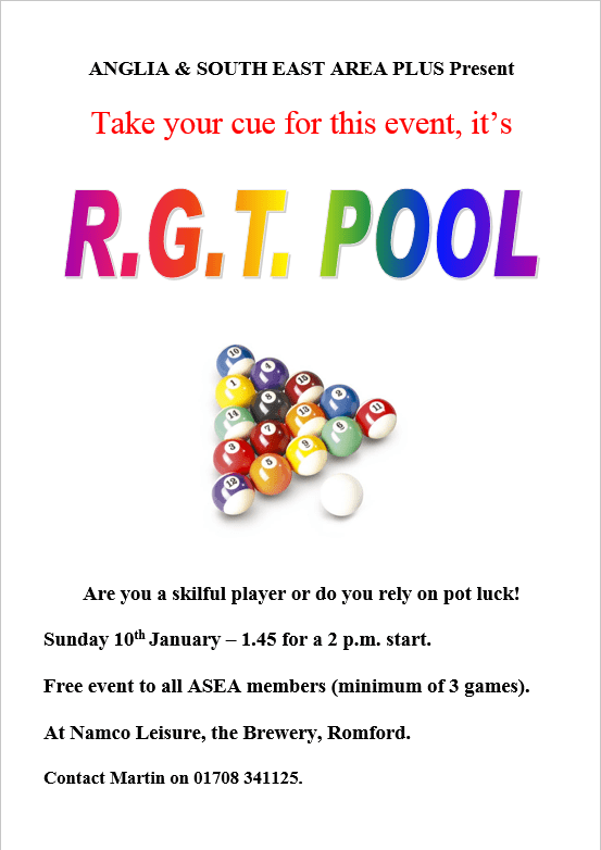 Poster for the RGT Pool Competition, 1.45 for 2pm start at NAMCO Romford, Sunday 10th January 2015